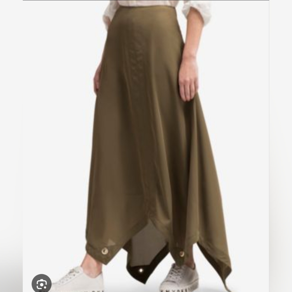 DKNY Skirt NWT Size 8 Khaki Midi Peasant Details Regular A Line Flowy Summer
